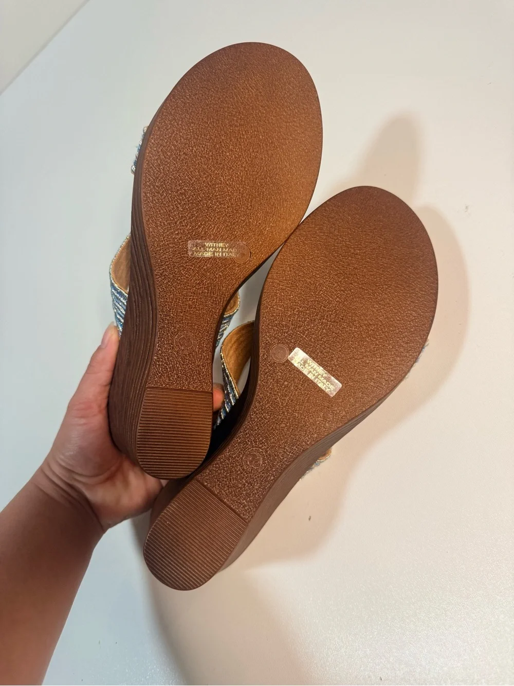 Italina Blue Striped Fabric Wedge Sandals